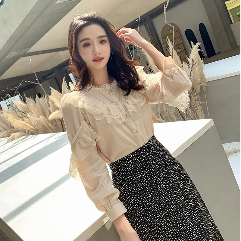 Новый 2019 весна корейский для женщин одежда воротник стоечка шить кружево