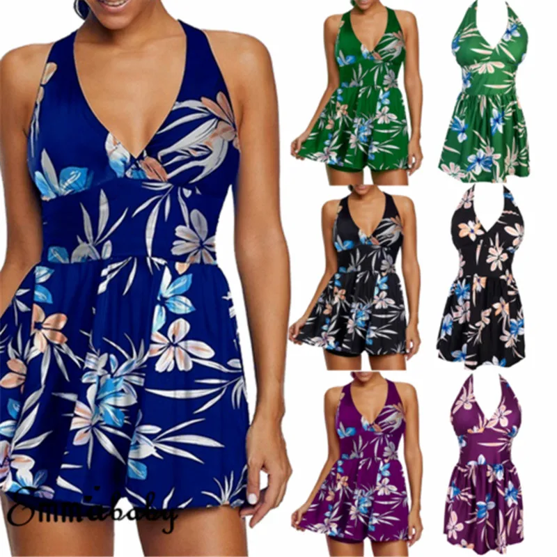 Женский купальный костюм с юбкой принтом в стиле ретро слитный купальник рюшами