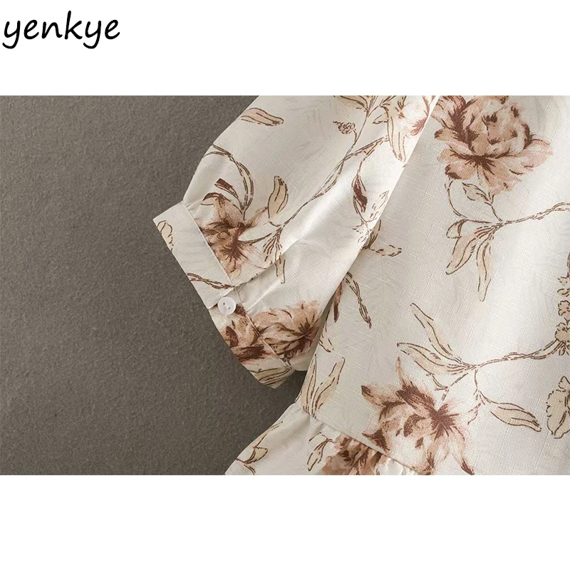 Мода 2019 Женская прерия шик Цветочный принт блузка Femme Круглый вырез короткий