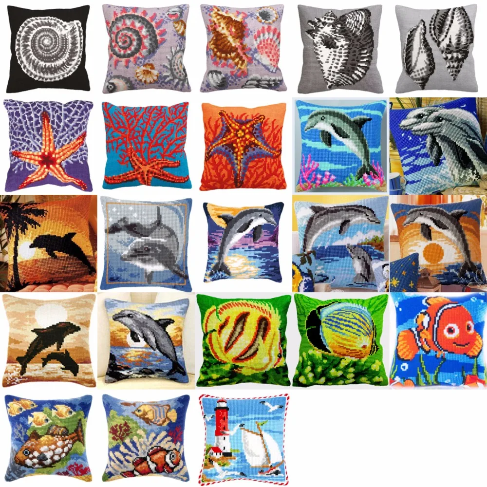 

1Marine life fish DIY Needlework Kit Acrylic Yarn Embroidery Pillow Tapestry Canvas Cushion Front Cross Stitch Pillowcase-