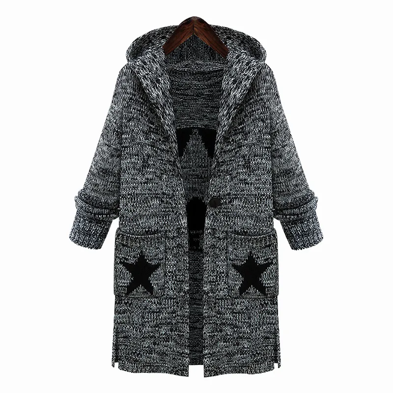 acrylic cotton blend clip yarn thick knit women fashion hooded long cardigan sweater coat H-straight M-5XL |