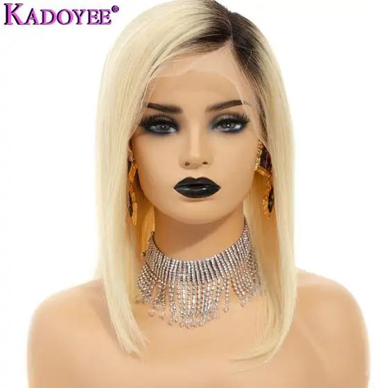 1B 613 Side Part 613 парик Боба короткие светлые человеческие волосы кружева передние парики прямой Боб фронтальный парик Ombre 1b/613 черные корни предварительно сорвал блонд парик - Цвет волос: 1B 613 Side Part