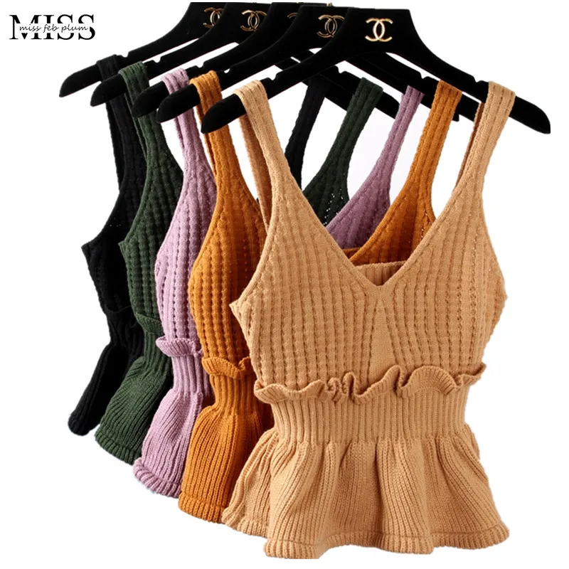 MISSFEBPLUM Korean Harajuku Pullover Women Sweater Vest 2020 Autumn Winter Sleeveless Ruffle Cropped Peplum Tops Knitwear Jumper |
