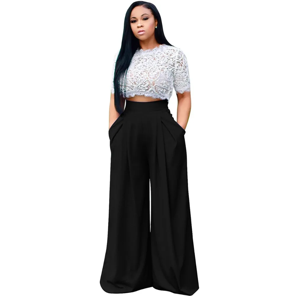 2018 ЛЕТО Новое Женское пикантное кружевное прозрачное топ модные широкие брюки