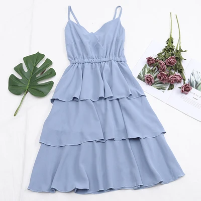 sky blue SINGRAIN летнее женское платье без рукавов с ярусными лямками, однотонное элегантное шифоновое платье трапециевидной формы, праздничные вечерние платья с ниспадающими оборками - Цвет: sky blue