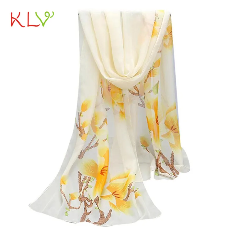 Женский шарф синий длинный мягкий с запахом шифоновый теплый принтом зима 2018