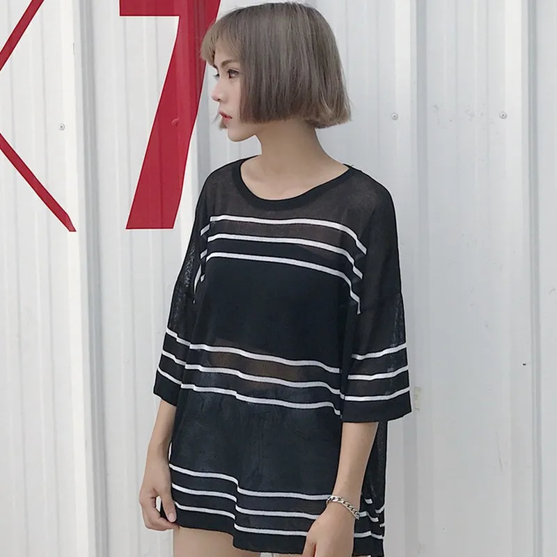 PLAMTEE Oversized Batwing Sleeve T-Shirts For Women Loose Summer Tops 2017 Fashion Striped Round Neck Female Knitted T Shirt | Женская