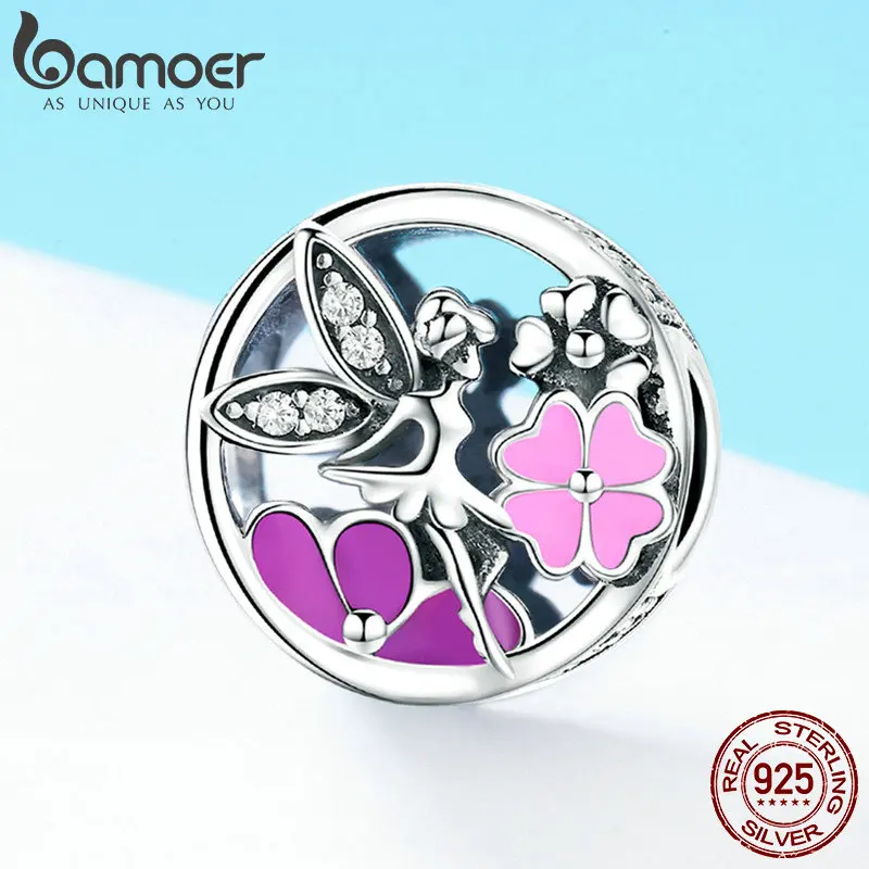BAMOER, модный 925 пробы, Серебряный сад, цветок, фея, Розовая эмаль, прозрачный CZ бисер, подходит для браслета, ожерелья, ювелирные изделия SCC823