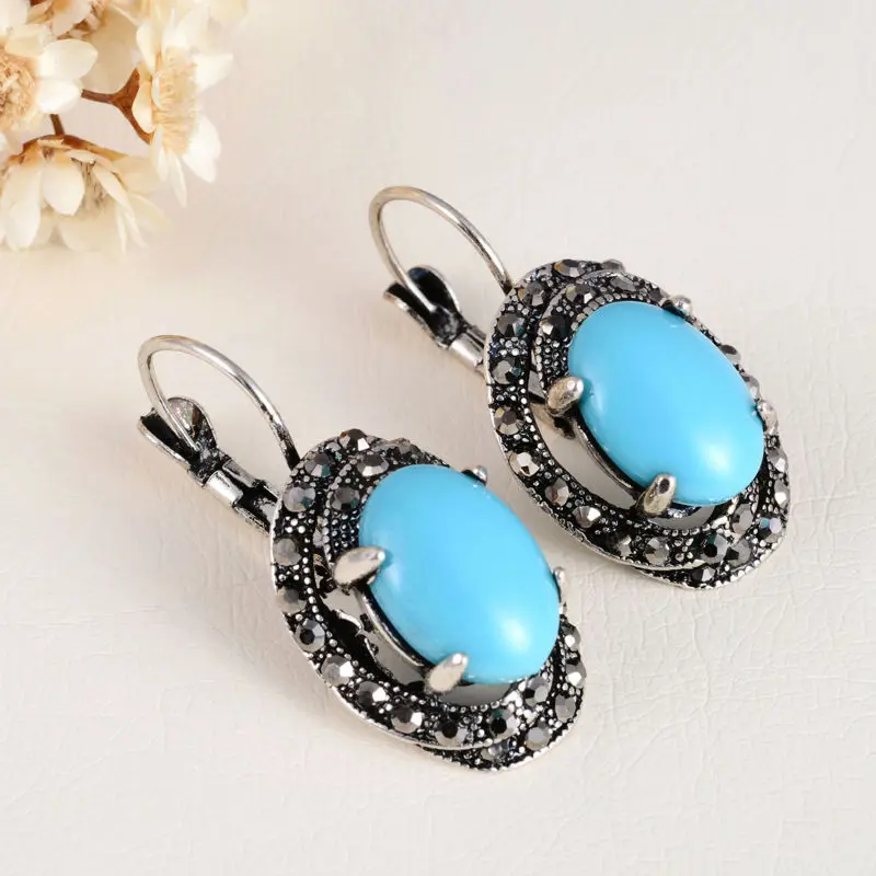 Винтажные турецкие этнические синие овальные античные серебряные серьги на