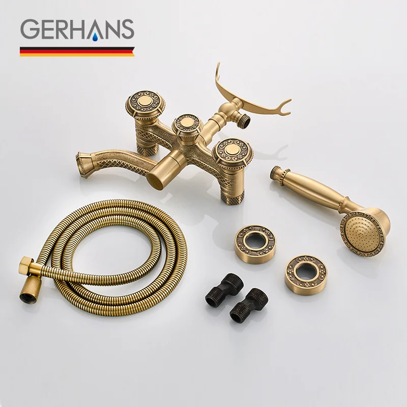 GERHANS Adoking Antique Bathtub Faucet All-Brass Vintage Retro Massage Shower head Wall Mounted Tub Mixer Tap K13018 | Обустройство