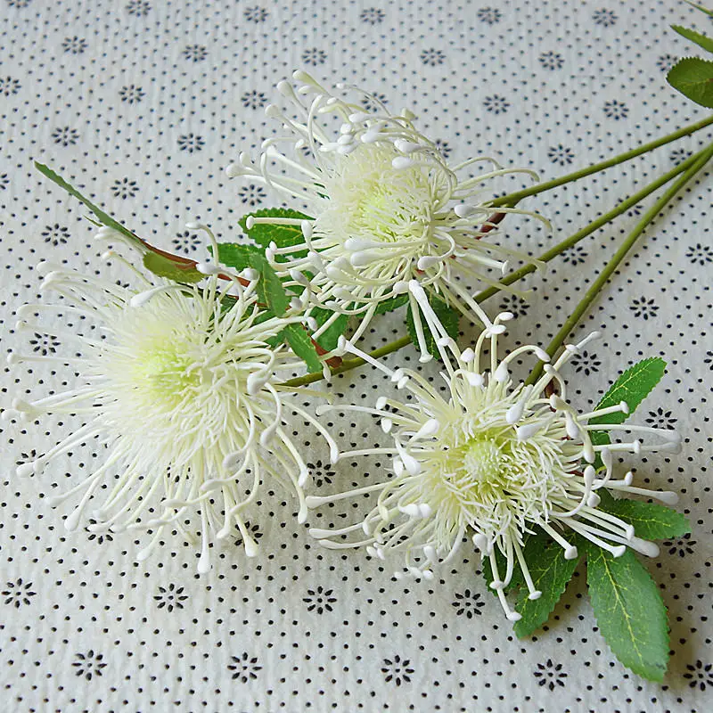 White 3 головки/ветка Leucospermum искусственные цветы для свадебного украшения Флорес Искусственные пластиковые искусственные цветы - Цвет: White
