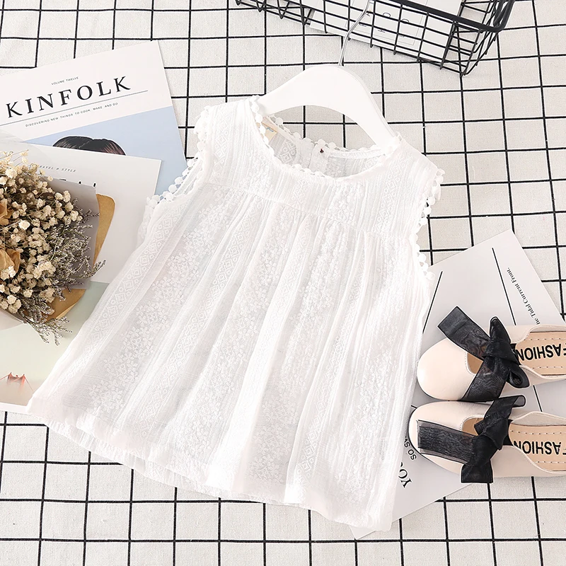 Рубашки без рукавов летние блузки для девочек топы льняные хлопковые кружевные
