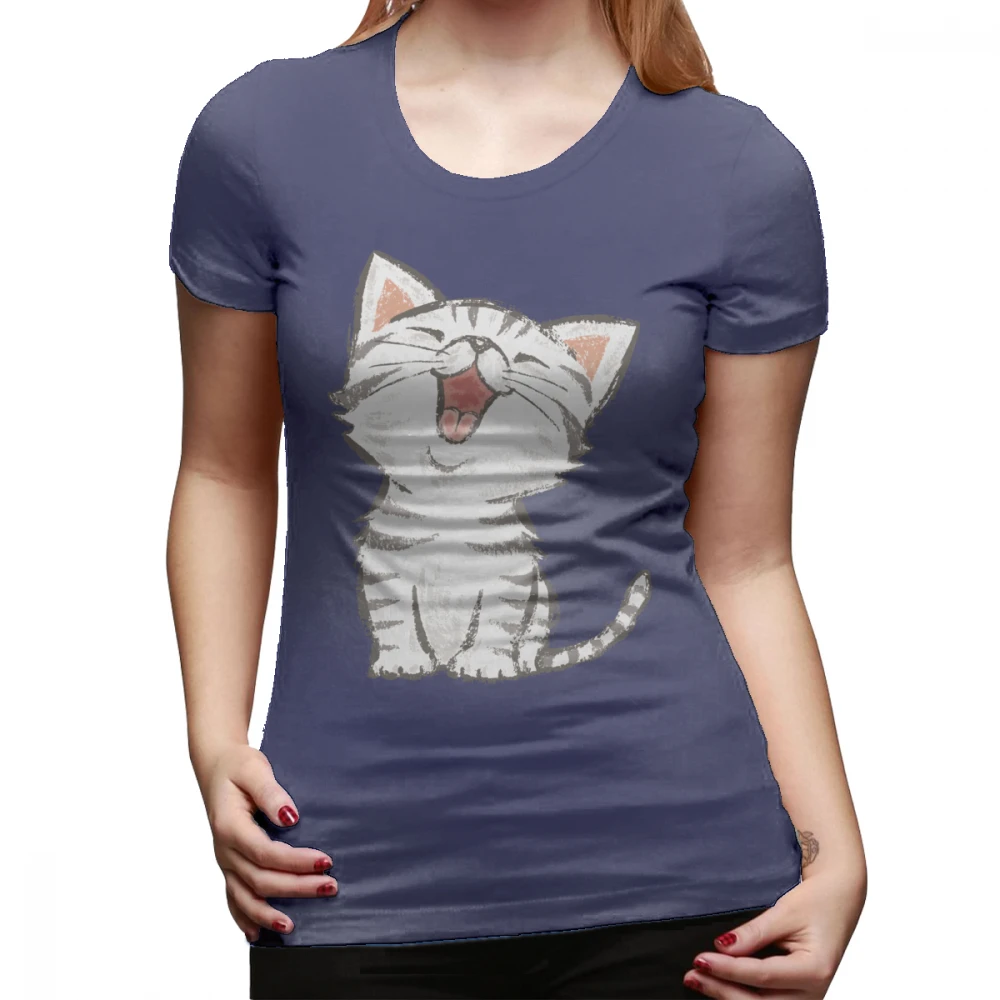 Kitten T-Shirt American Shorthair Happy T Shirt O Neck Funny Women tshirt Street Fashion Black Pattern Cotton Ladies Tee Shirt - Цвет: Тёмно-синий