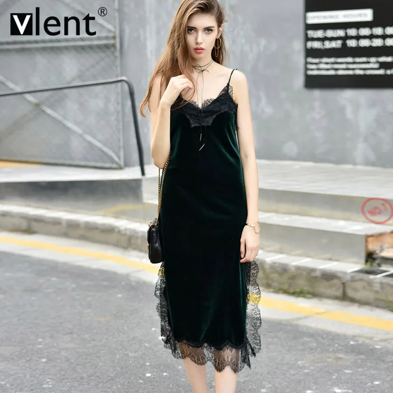 Vlent Sexy Lace Soft Velvet Slip Dress Cami 2017 Deep V Neck Side Split Party Dresses Vintage Women Black Sleeveless Long | Женская