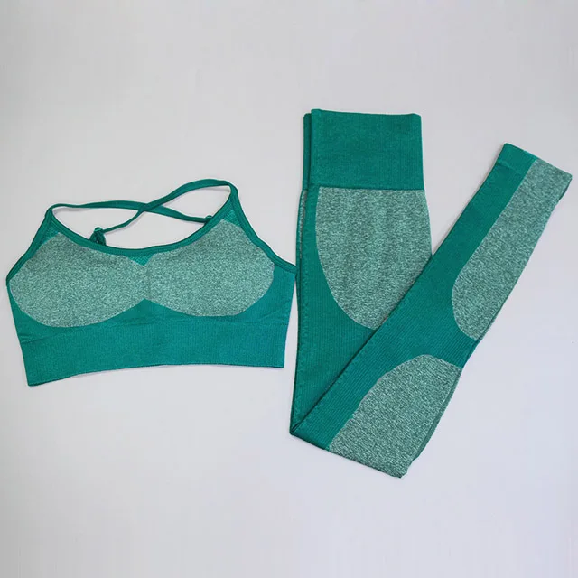 Green 2Pcs set 2 шт./компл., бесшовный комплект для йоги, женский спортивный бюстгальтер для фитнеса, топы+ с высокой талией, из лоскутов, леггинсы для тренировок, спортивные штаны, спортивный костюм - Цвет: Green 2Pcs set