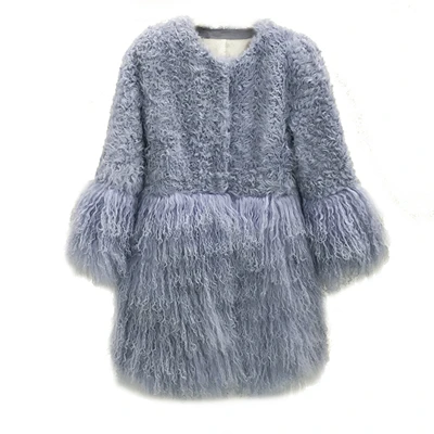 light grey Монгольский овечий мех и каракуль овечий мех, Женское пальто средней длины с длинными рукавами, тонкая теплая меховая куртка из овечьей шерсти - Цвет: light grey