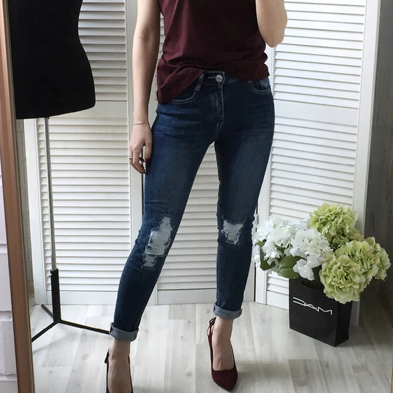 Женские рваные джинсы 2018 повседневная одежда скинни женские джинсовые брюки