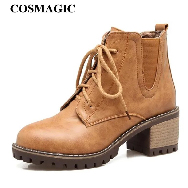 Женские мотоциклетные ботильоны на шнуровке COSMAGIC винтажные однотонные ботинки