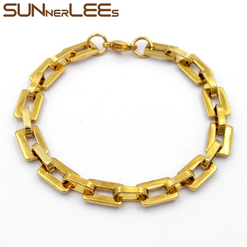 Gold SUNNERLEES модные украшения 316L браслет из нержавеющей стали 8 мм Геометрическая цепочка Золотая для мужчин и женщин подарок SC161 B - Окраска металла: Gold