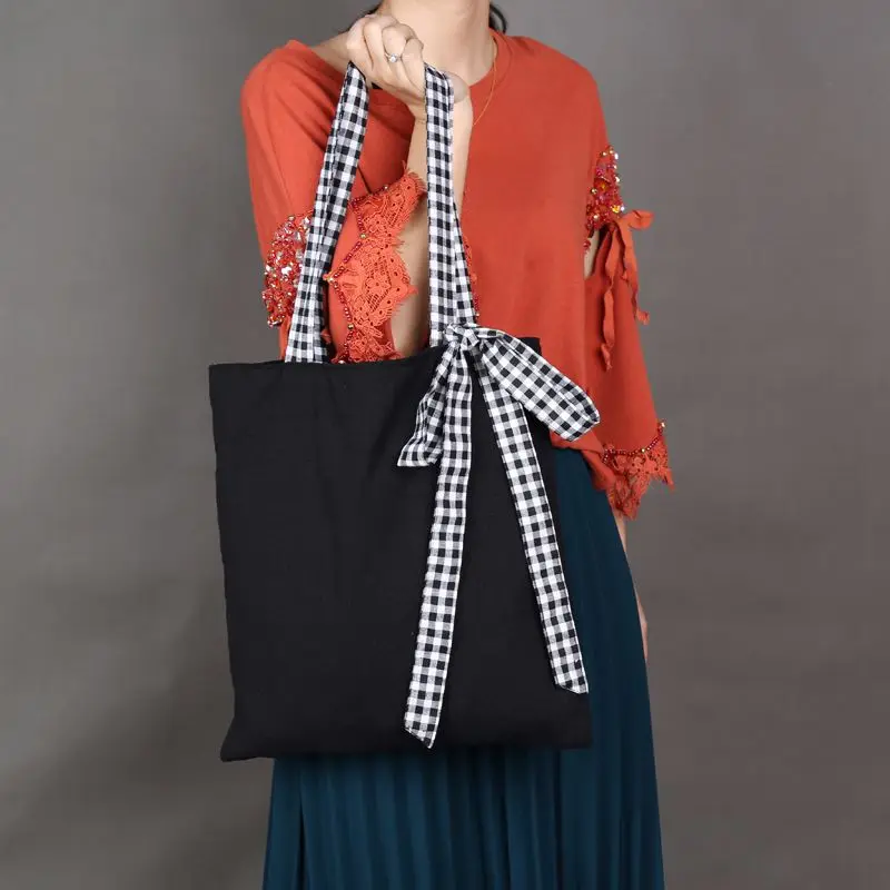 

OKOKC Large Soild Black Bow tie Canvas Shopping Bag Shoulder Bag Women Beach Handbags
