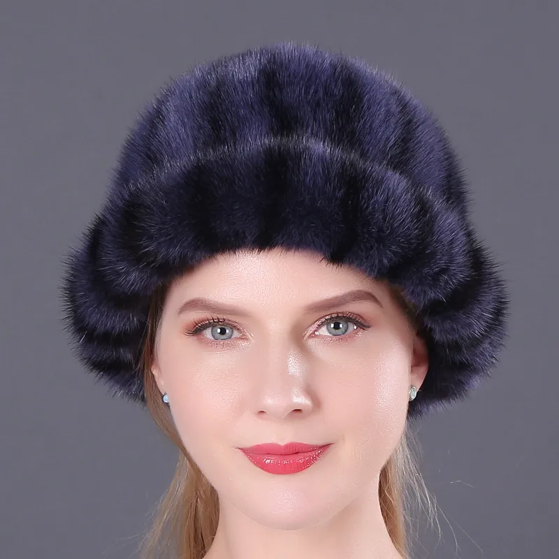 Mink Fur Bucket Hat Fashion Winter Solid Color Real Animals Fur Thicken Protective Headwear Female Natural Mink Fur Buckets Cap - Цвет: color4