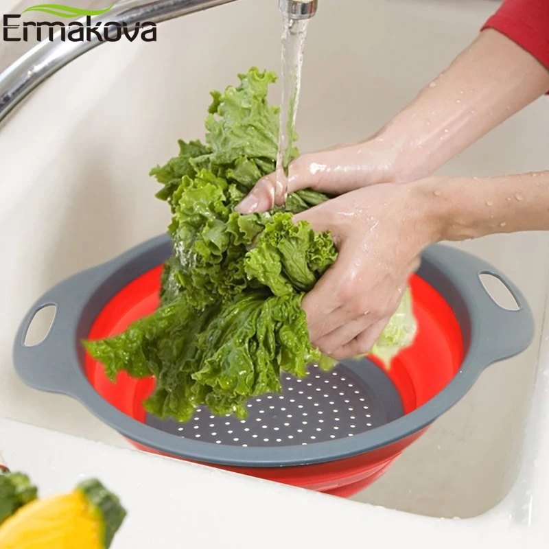 Кухонный складной дуршлаг ERMAKOVA высококачественный силиконовый для овощей и