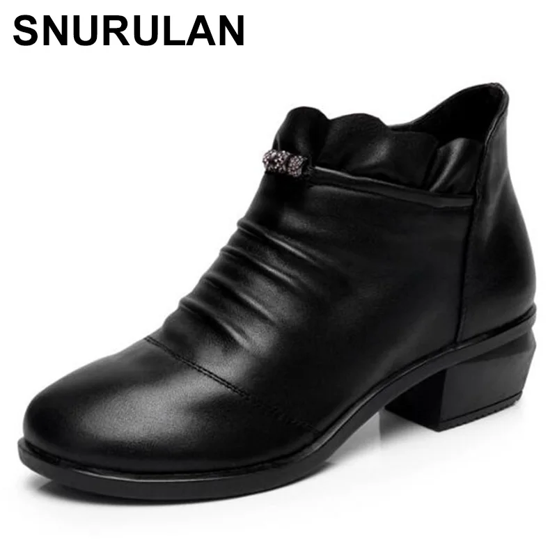 

SNURULAN Elegant Comfort Rhinestone Cowhide Leather Shoes Woman Boots 2018 New Autumn Winter Warm Snow Boots Wome Ankle Boots