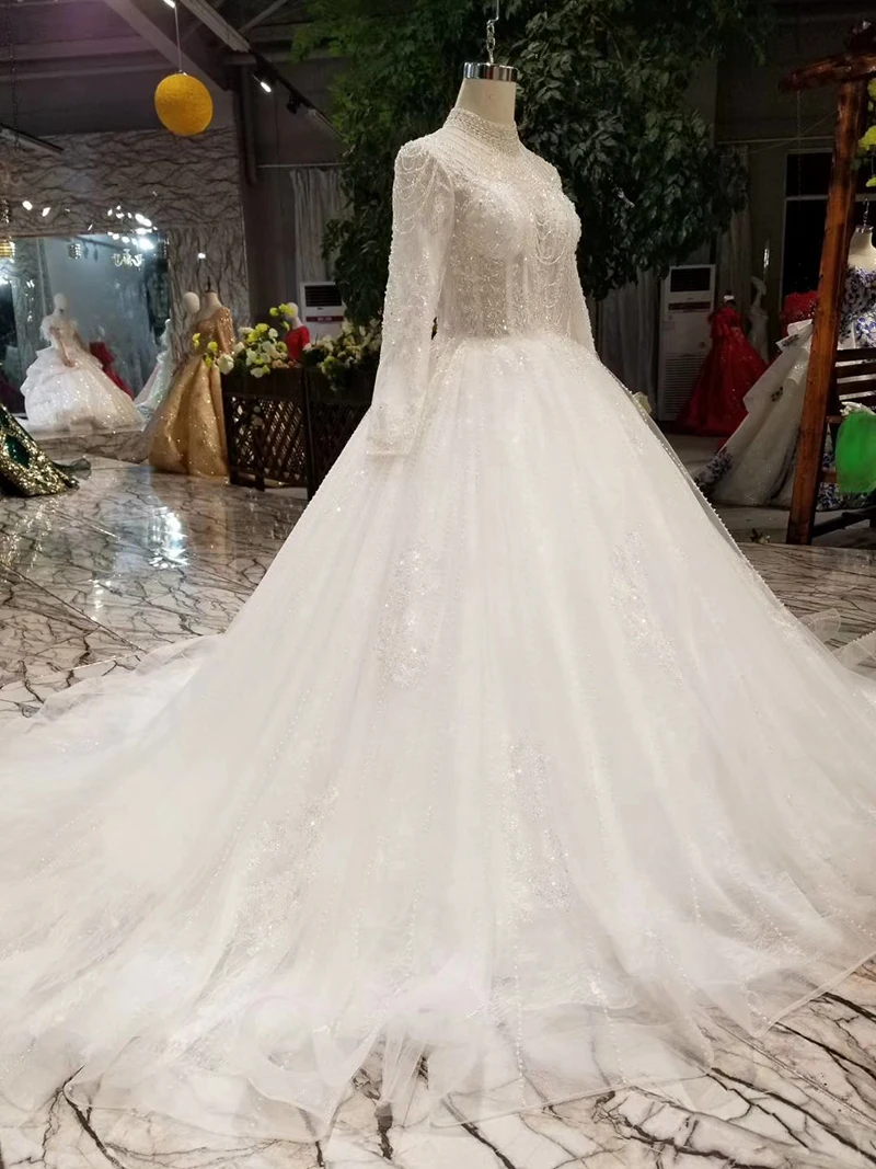 LSS289 like white wedding dress boho long sleeve open back high neck cheap gown with train illusion robe blanche | Свадьбы и