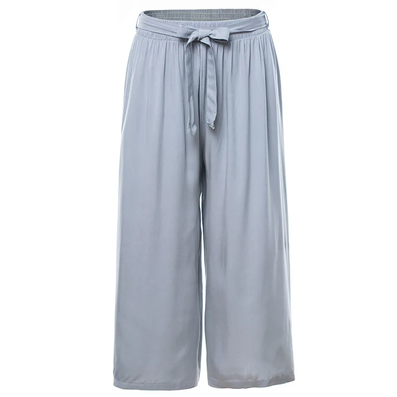 Suvacne Summer Office Lady 7 Solid Color High Waist Fashion Wide Leg Pants Thin Cotton Loose Calf-legth | Женская одежда