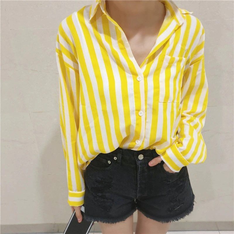

Women Summer Fashion All-match Lapel Collar Loose Concise Striped Long Sleeve Botton Dot Shirts 2019