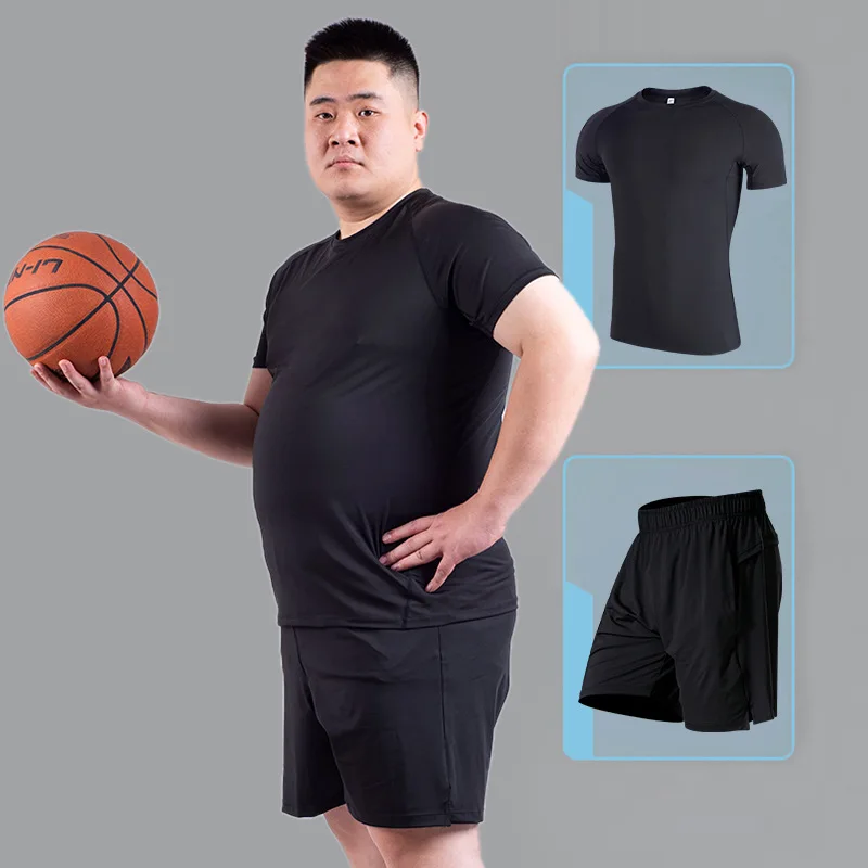 Men's Large size Fitness clothes Set speed dry stretch loose T-shirt gym fat man's short sleeve sportswear | Спорт и
