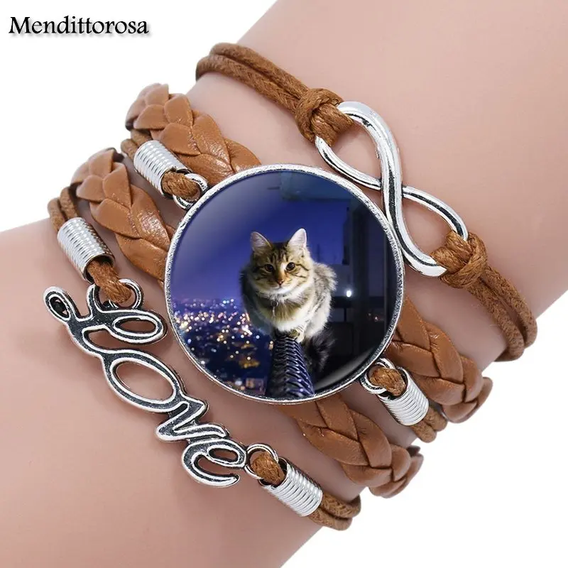 Mendittorosa Lovely Cat Fashion Glass Cabochon Multilayer Black/Brown Leather Bracelet Bangle Handmade Maxi Lovers Best Gifts | Украшения и