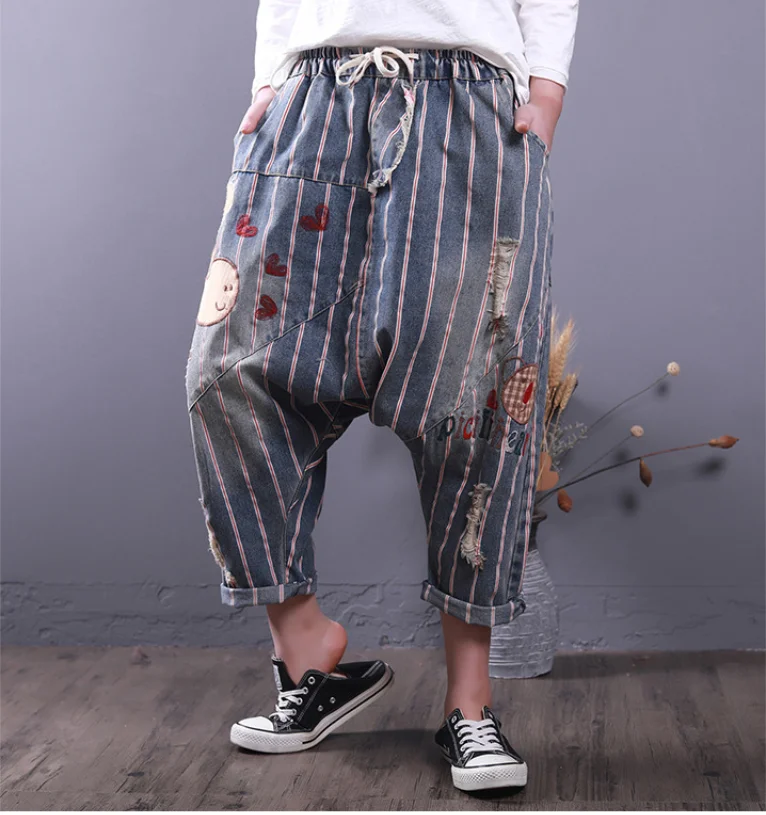 Джинсы женские в стиле ретро Свободные повседневные брюки из денима полоску с