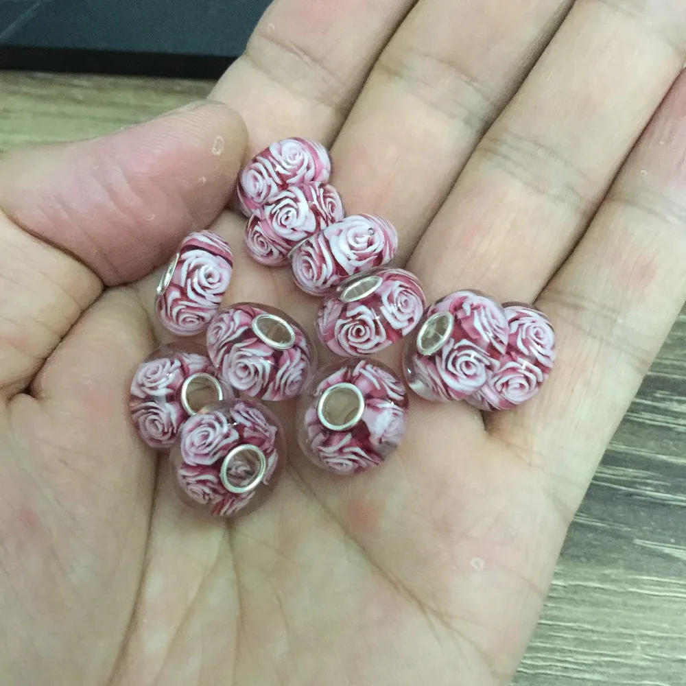 Ювелирные изделия с омелой, 925 пробы, серебряный, розовый, 3D цветы, роза, Шарм из муранского стекла, бисер, не, Подходит для европейских браслетов