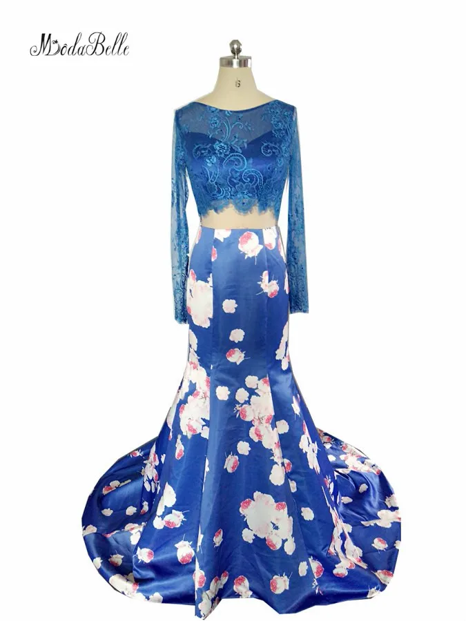 

modabelle Flowered Floral Royal Blue Prom Dress 2 Piece Women Backless Satin Lace Dubai Mermaid Evening Party Dress Long 2018