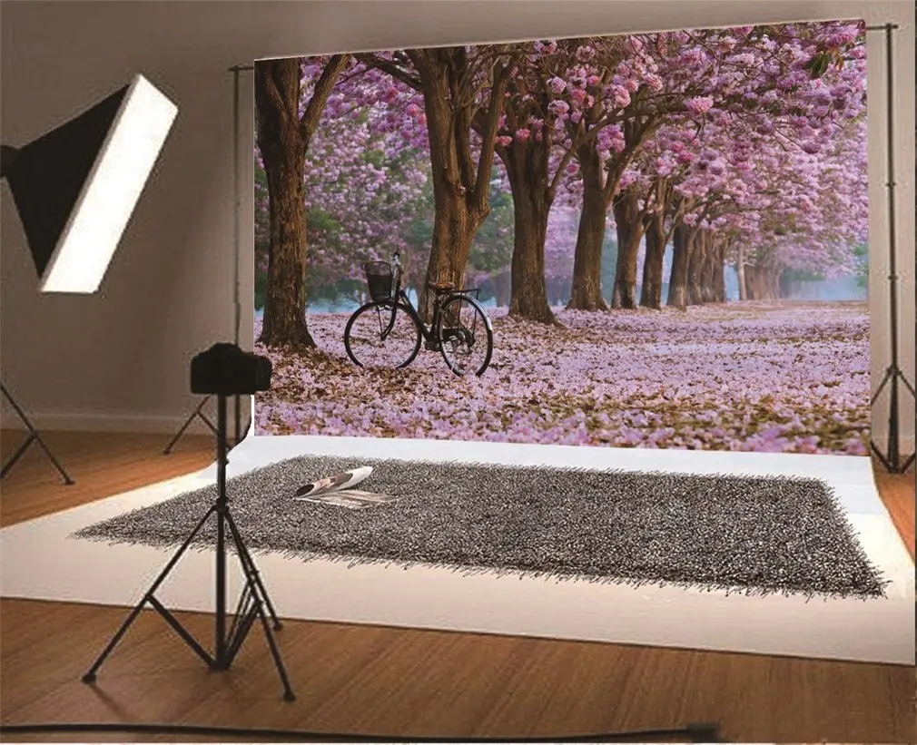 Photography Backdrop Valentine's Day Spring Cherry Blossom Flowers Vintage Bicycle Trees Nature Romantic Photo Background Party |