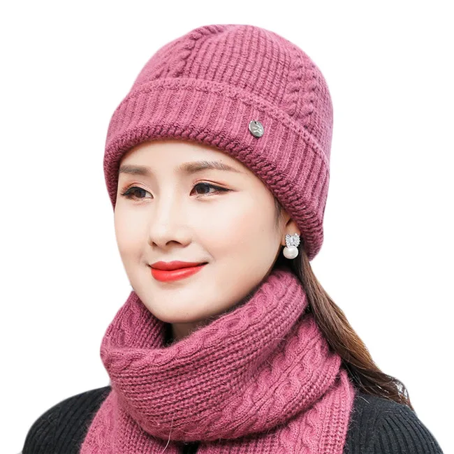 pi purple hat scarf Новая зимняя женская шапка из кроличьего меха, шарф, набор для леди, теплая шерсть, вязанные плюшевые наборы шарф шапка, вязаная крючком шапка, шапки для мам, шарф, шаль, подарки - Цвет: pi purple hat scarf
