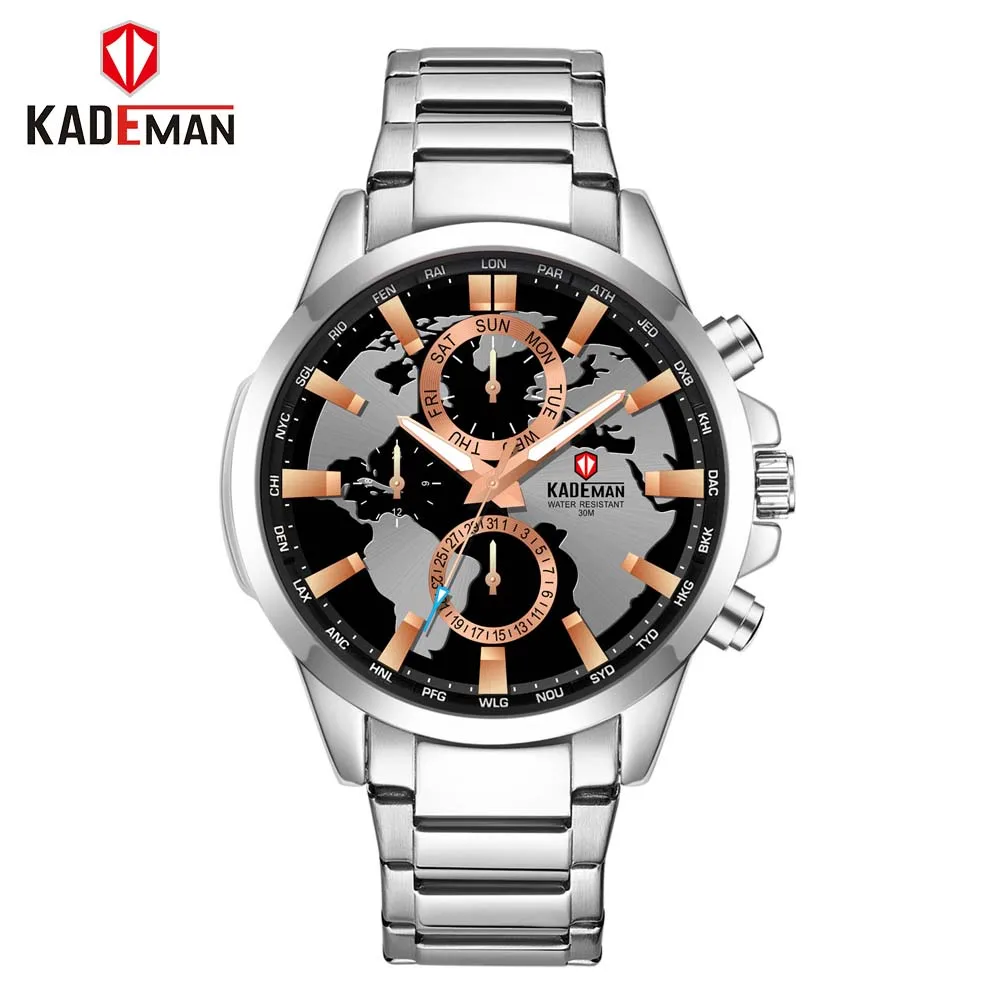 White-White-Rose KADEMAN Роскошные модные мужские часы 3TAM с календарем, Автоматическая Дата, кварцевые карта мира, повседневные деловые наручные часы, мужские часы 443 г - Цвет: White-White-Rose