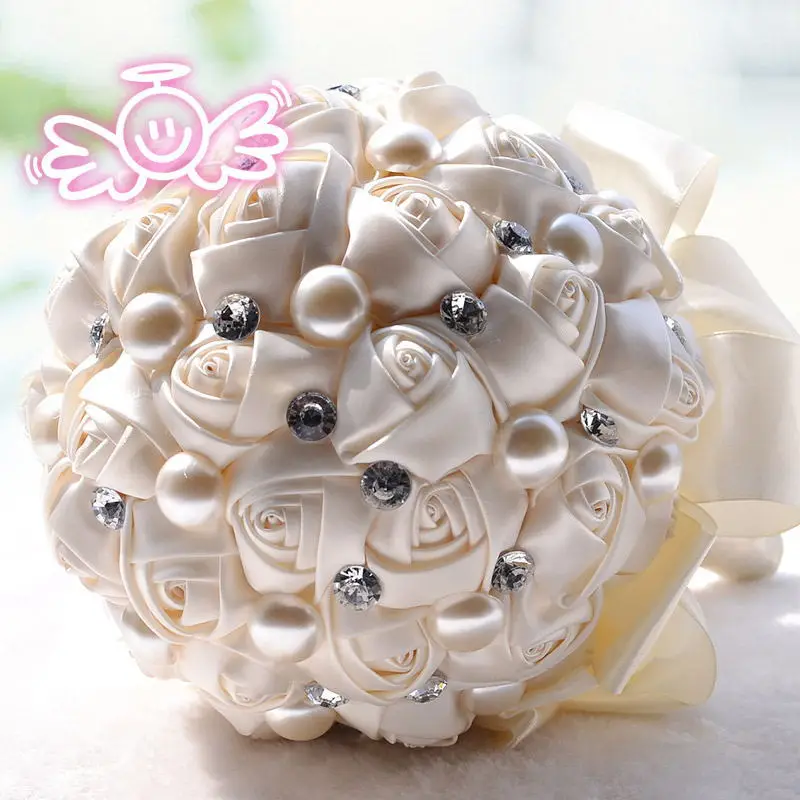 

Beautiful Wedding Bouquet Handmade High quality Rhinestone Beads Artificial Flower Rose Bridal Bouquet with Ribbon de noiva