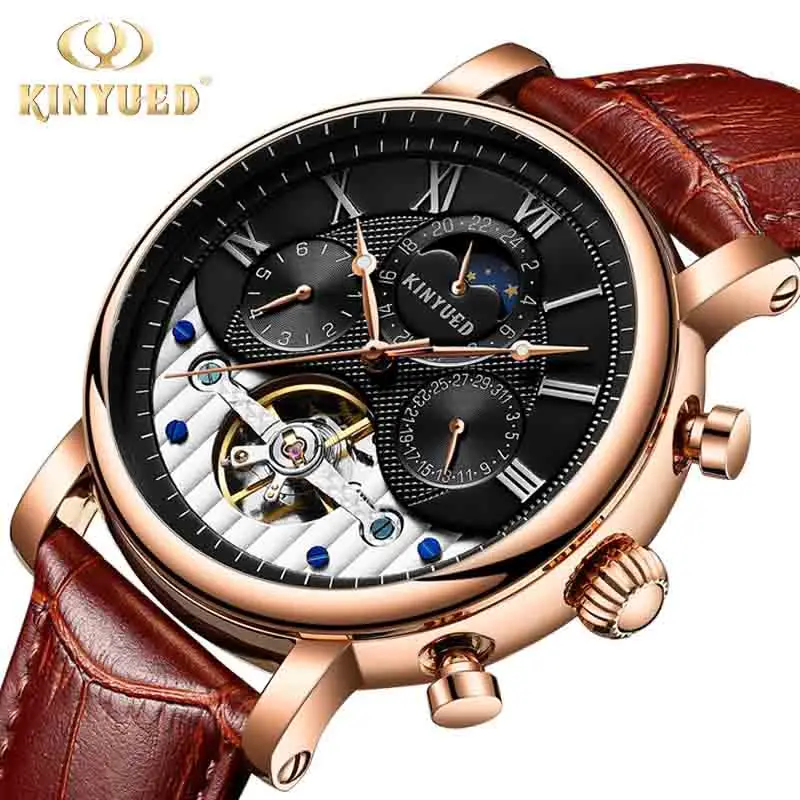 Gold Black Brown KINYUED, креативные автоматические мужские часы,, люксовый бренд, Moon Phase, мужские механические часы, скелет, розовое золото, Horloges mannen - Цвет: Gold Black Brown