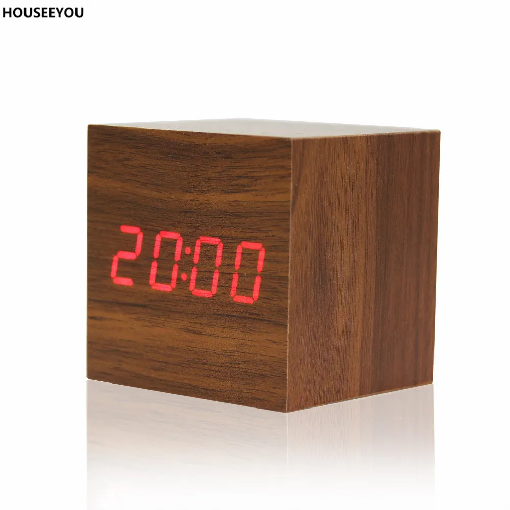 Modern Wood Cube LED Digital Alarm Clocks Thermometer Temp Date Display Calendars Square Desktop Clock Home Decor | Дом и сад