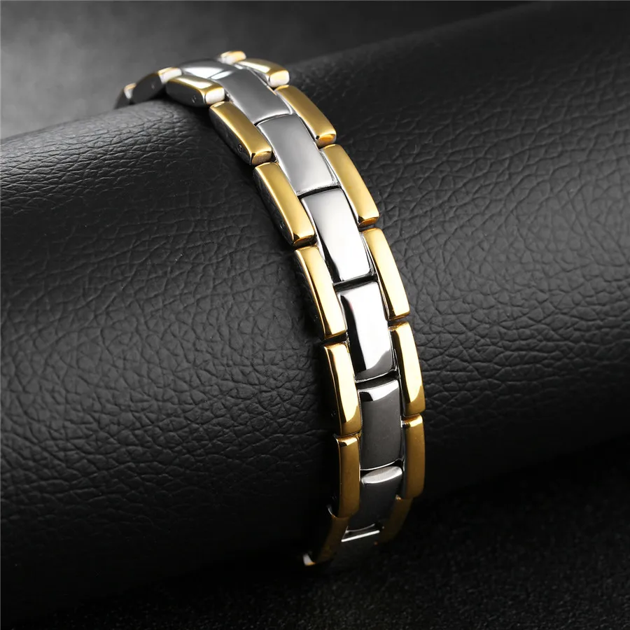 XQNI Healthy Magnetic Men Bracelet Fashion Two Tone Stripe Gold Color Link Chain Stainless Steel Charm Punk Energy Jewelry Gift | Украшения