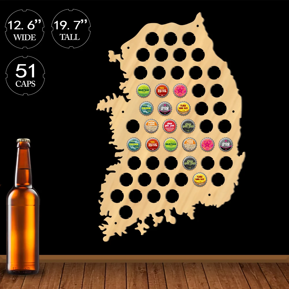 Pub Wooden Wall Sign Map Of Korea Republic Beer Cap Bottle Display Holder Man Cave Lovers Gift | Дом и сад