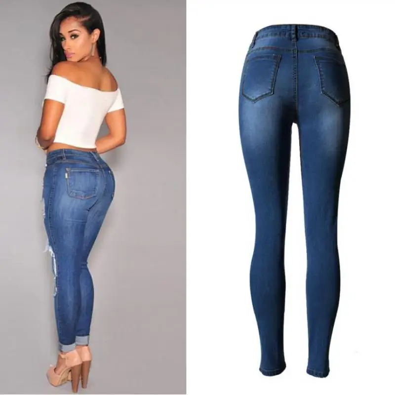 Новые Высокой Талией Джинсы Стрейч Личность Отверстие Тонкий Брюки Размер