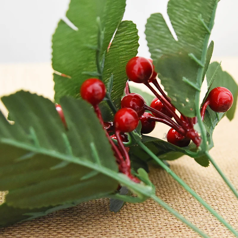 NUCHI 27cm trigeminal Christmas leaf simulation red fruit berry string cutting tree decorations diy accessories | Дом и сад