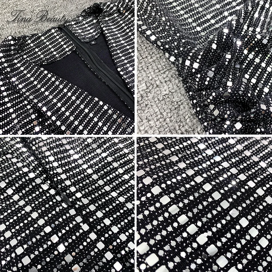 

Tina Beauty 2019 Spring Summer Glitter Sequin Sexy Party Dress Clubnight Silver Vestido Mid calf deep V-Neck Thigh Slit Dresses