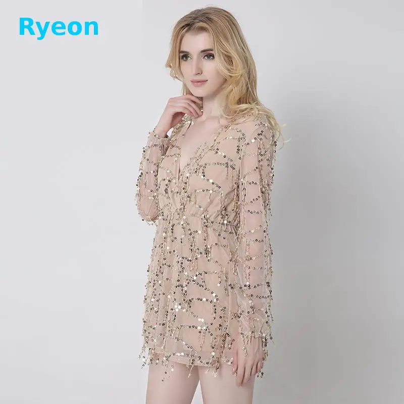 Ryeon 2017 Блестками Женщины Туника Платья Sexy прозрачный Сетки Ткань Вышивки