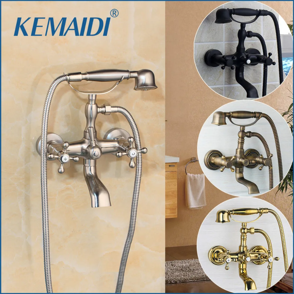 

KEMAIDI Antique Brass Wall Mounted Mixer Tap 2 Functions Double Handles Bathroom Bathtub Shower Faucet Set Rainfall Hand Shower