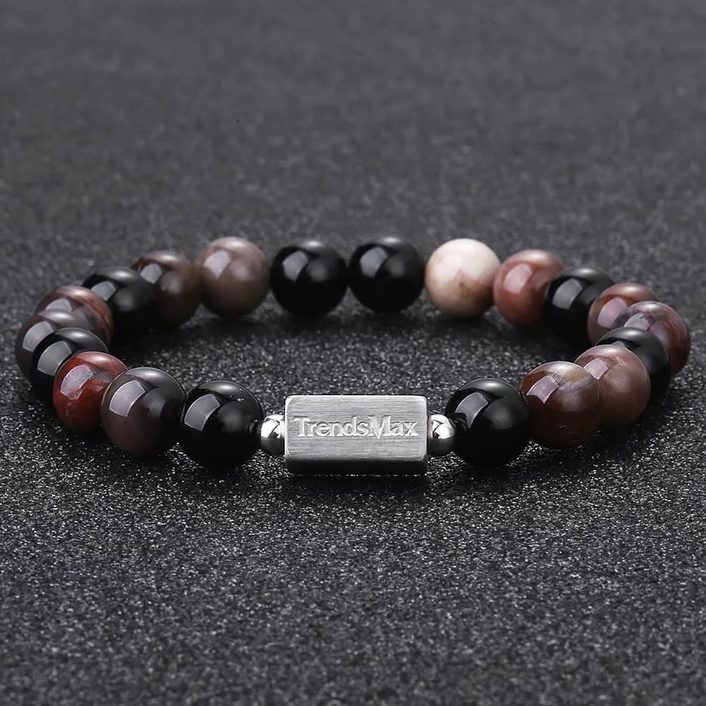 10mm Mens Bracelets Petrified Wood Natural Onyx Stone Stretch Stainless Steel Bead for Men LTBB0020210MM_9 | Украшения и