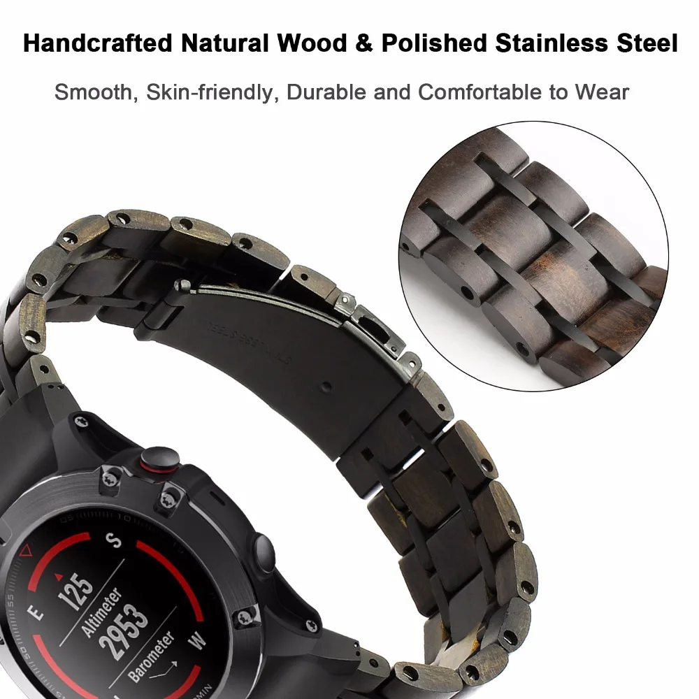 Ремешок из натурального дерева и нержавеющей стали для наручных часов Garmin Fenix 5X/5X